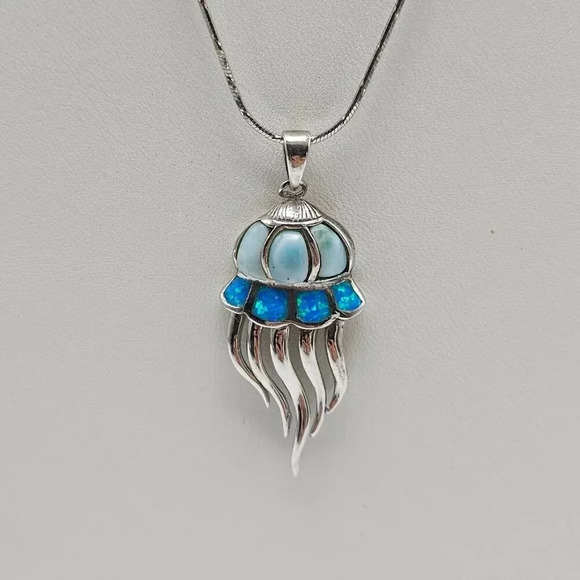 Sterling Silver Jellyfish Pendant Necklace Blue Larimar Fire Opal 18in - Picture 2 of 8